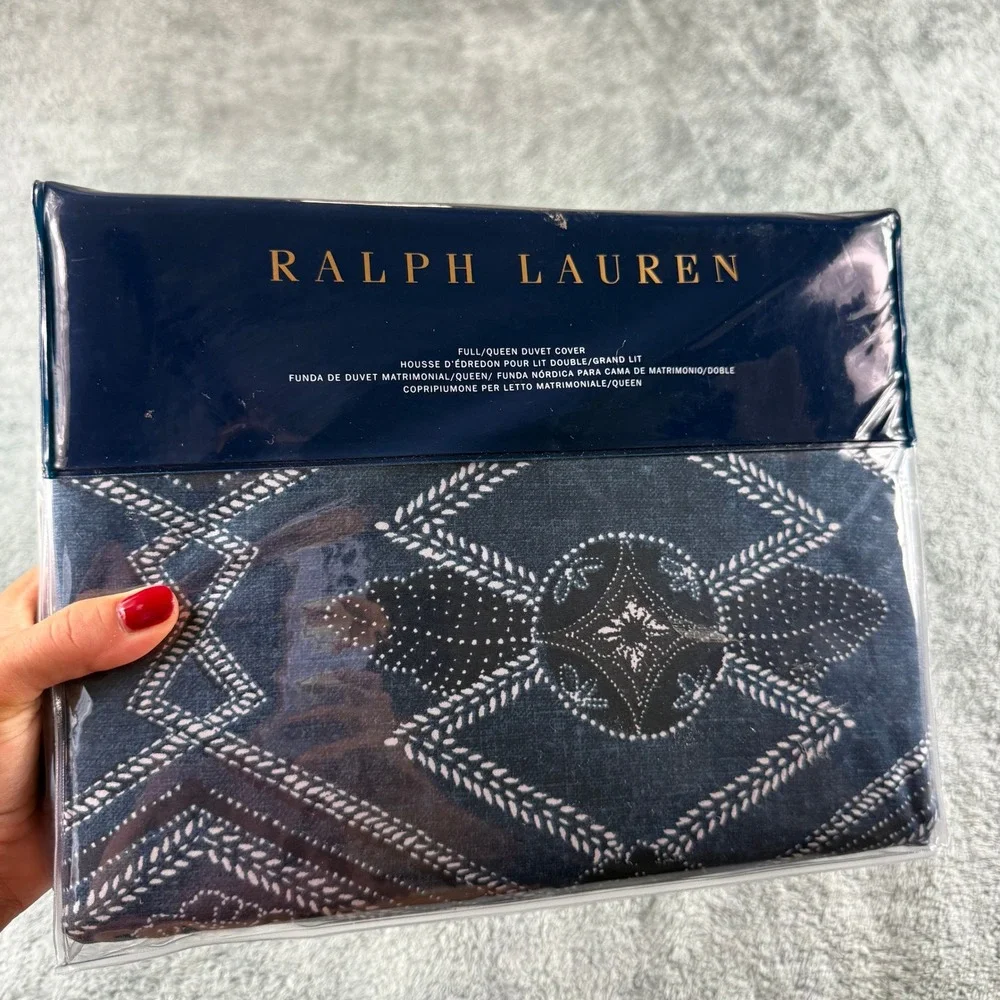 Ralph Lauren Francois Full Queen Duvet Cover‎ Blue Geometric Diamond Pattern